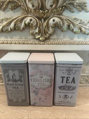 NEW Decorative Tea Canister Set of 3- Pastel Pink, Gray, Cream